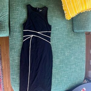 Maeve by Anthropologie black dress with white piping.